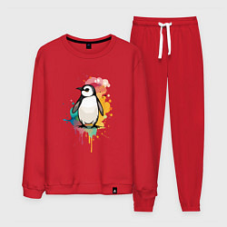 Костюм хлопковый мужской Красочный пингвин, цвет: красный