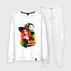 Костюм хлопковый мужской Рыжая ведьма с тыквой и черным котом, цвет: белый