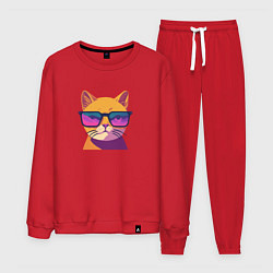 Костюм хлопковый мужской Кот в стильных очках, цвет: красный