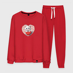 Костюм хлопковый мужской Мультяшный котенок и сердечко, цвет: красный