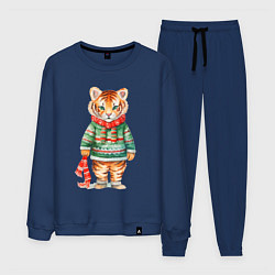 Костюм хлопковый мужской Тигр в новогоднем свитере, цвет: тёмно-синий