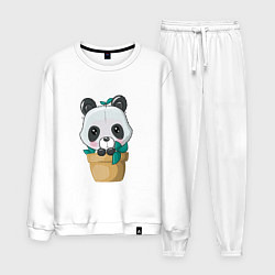 Костюм хлопковый мужской Милая панда в цветочном горшке, цвет: белый