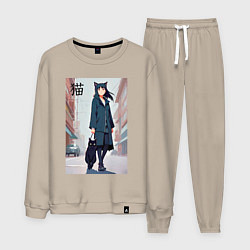 Костюм хлопковый мужской Девочка с кошкой в городе - нейросеть, цвет: миндальный