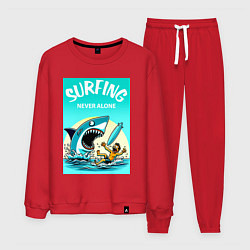 Костюм хлопковый мужской Surfing never alone - shark and surfer, цвет: красный