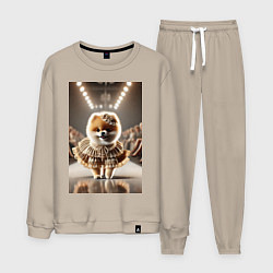 Костюм хлопковый мужской Милый Шпиц в шикарном платье на подиуме - показ мо, цвет: миндальный