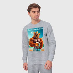 Костюм хлопковый мужской Медведь бодибилдер в соломенной шляпе с кружкой пи, цвет: меланж — фото 2