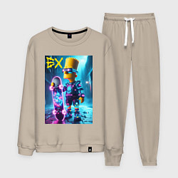 Костюм хлопковый мужской Скейтбордист Барт Симпсон в ночном городе под дожд, цвет: миндальный