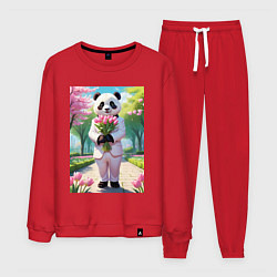 Костюм хлопковый мужской Панда с букетом тюльпанов, цвет: красный