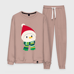 Костюм хлопковый мужской Праздничный снеговик в красной шапочке, цвет: пыльно-розовый