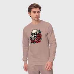 Костюм хлопковый мужской Череп с красными розами и листьями, цвет: пыльно-розовый — фото 2