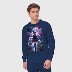 Костюм хлопковый мужской Девушка с катаной на фоне цветущей сакуры, цвет: тёмно-синий — фото 2