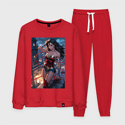 Костюм хлопковый мужской Чудо-женщина на крыше с городским фоном в стиле ко, цвет: красный