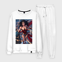 Костюм хлопковый мужской Чудо-женщина на крыше с городским фоном, цвет: белый