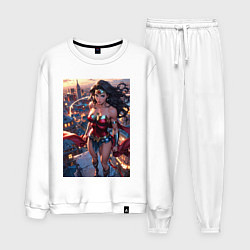 Костюм хлопковый мужской Чудо-женщина на крыше с городским фоном в стиле ко, цвет: белый