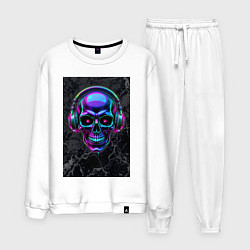 Костюм хлопковый мужской Неоновый череп в наушниках, цвет: белый