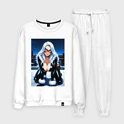 Костюм хлопковый мужской Черная кошка на крыше небоскреба, цвет: белый