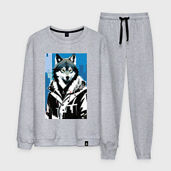 Костюм хлопковый мужской Волк в мегаполисе - нейроарт, цвет: меланж