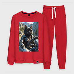 Костюм хлопковый мужской Кот за рулем кабролета, цвет: красный