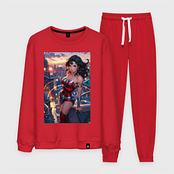 Костюм хлопковый мужской Чудо-женщина с городским фоном в стиле комиксов, цвет: красный