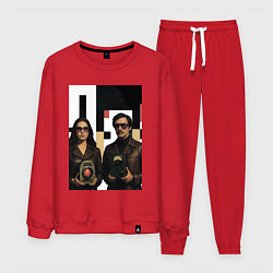 Костюм хлопковый мужской Мужчина и женщина с гаджетами поп-арт ретро-футури, цвет: красный