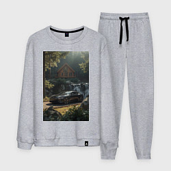 Мужской костюм Черный суперкар возле коттеджа в лесу