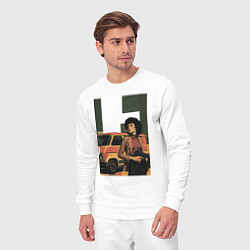 Костюм хлопковый мужской Девушка с автоматом на фоне минивэна ретрофутуризм, цвет: белый — фото 2