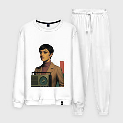 Костюм хлопковый мужской Брюнетка и радиоприемник ретрофутуризм поп-арт 197, цвет: белый