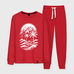 Костюм хлопковый мужской Тропический закат: горы, пальмы и море, цвет: красный