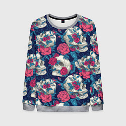 Свитшот мужской Реалистичные черепа с розами, цвет: 3D-меланж