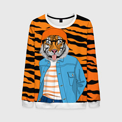 Свитшот мужской Тигр фурри на стиле, цвет: 3D-белый