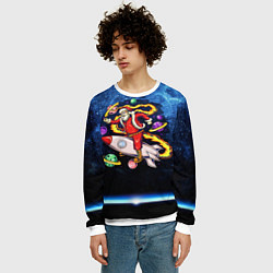 Свитшот мужской Санта хипстер в очках на ракете в космосе с планет, цвет: 3D-белый — фото 2