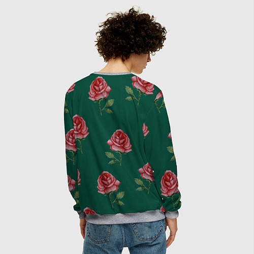 Мужской свитшот Ярко красные розы на темно-зеленом фоне / 3D-Меланж – фото 4