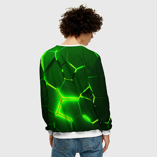 Мужской свитшот 3D ПЛИТЫ НЕОН NEON GREEN HEXAGON РАЗЛОМ / 3D-Белый – фото 4