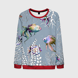 Свитшот мужской Разноцветные акварельные рыбки и белые водоросли, цвет: 3D-красный