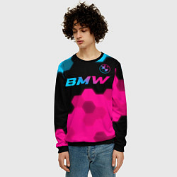 Свитшот мужской BMW - neon gradient: символ сверху, цвет: 3D-черный — фото 2