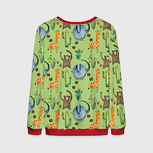 Мужской свитшот Африканские животные - слон обезьянка жираф / 3D-Красный – фото 2