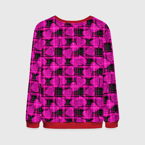 Мужской свитшот Black and pink hearts pattern on checkered / 3D-Красный – фото 2