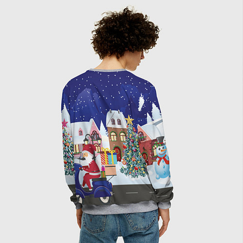 Мужской свитшот Дед Мороз едет на скутере с подарками в Новогоднюю / 3D-Меланж – фото 4