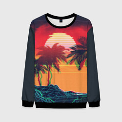 Свитшот мужской Пальмы и пляж на закате с помехами VHS ретро дизай, цвет: 3D-черный
