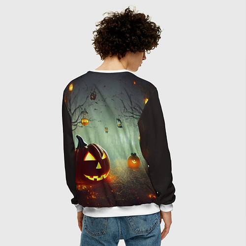 Мужской свитшот Тыква на Хэллоуин в ночном туманном лесу / 3D-Белый – фото 4