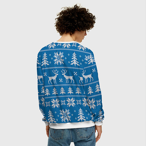 Мужской свитшот Рождественский синий свитер с оленями / 3D-Белый – фото 4