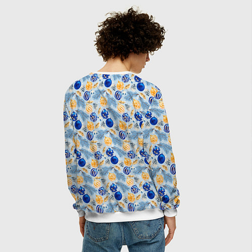 Мужской свитшот Шарики новогодние ёлочные, синие / 3D-Белый – фото 4