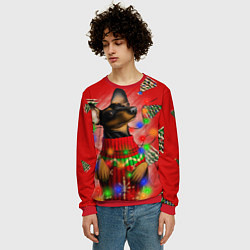 Свитшот мужской Новогодняя такса на красном фоне с ёлками, цвет: 3D-красный — фото 2