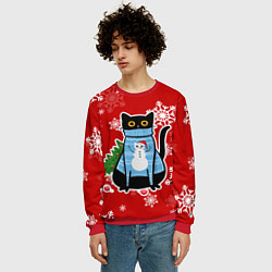 Свитшот мужской Котик в свитере с ёлочкой, цвет: 3D-красный — фото 2