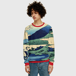 Свитшот мужской Журавли - японский художник Хокусай Фудзи, цвет: 3D-красный — фото 2