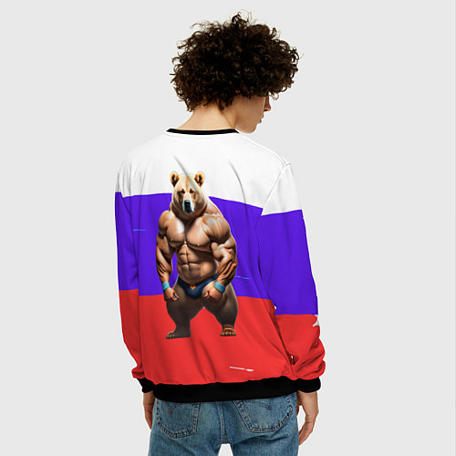 Мужской свитшот Накаченный медведь на Российском флаге / 3D-Черный – фото 4