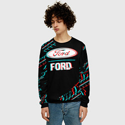 Свитшот мужской Значок Ford в стиле glitch на темном фоне, цвет: 3D-черный — фото 2