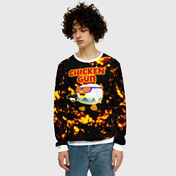 Свитшот мужской Chicken Gun на фоне огня, цвет: 3D-белый — фото 2