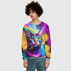 Свитшот мужской Полосатый кот с разноцветной звездной туманностью, цвет: 3D-меланж — фото 2