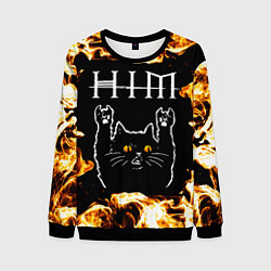 Свитшот мужской HIM рок кот и огонь, цвет: 3D-черный